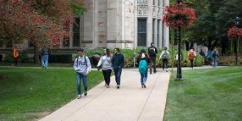 Students walking across campus